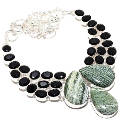 Green Lizard Jasper, Onyx Gemstone 925 Silver Jewelry Necklace 18'' R-1205