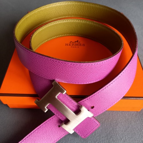 Hermes 95 Ledergürtel 32 Lila Grün Topp Zustand Wende Gürtel Silber Schließe