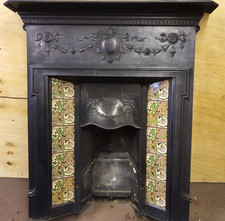 Victorian Cast Iron Fireplace Insert with Decorative Floral Tiles – Antique