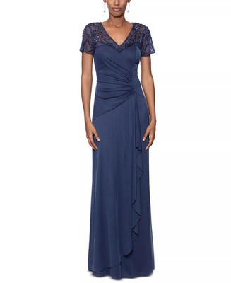 XSCAPE Beaded Mesh Sleeve Gown Dress Ruched Draped 6 Charcoal Blue NWT