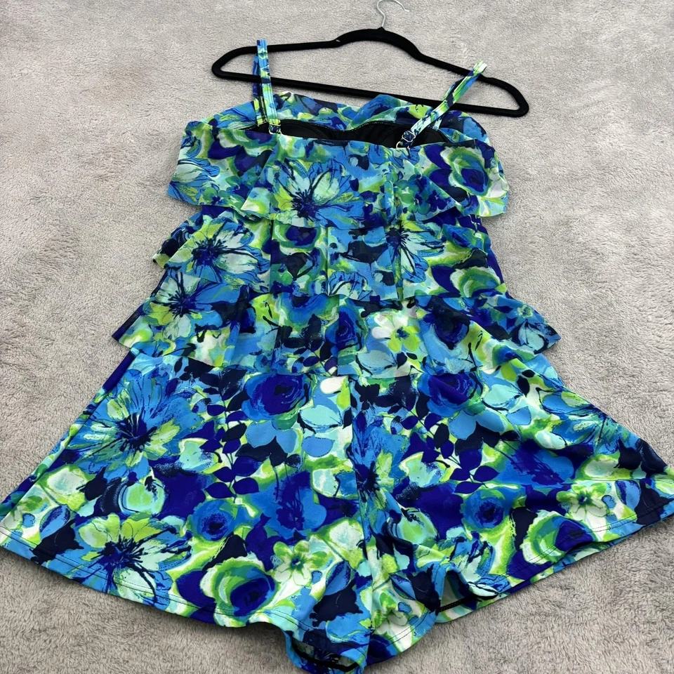 Traje de baño de una pieza Fit 4 U para mujer 10 azul floral con volantes elásticos playa Foto 2 de 4