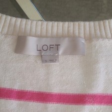 LOFT Women's V-Neck Pullover Sweater White Pink Striped Long Sleeve Size S
