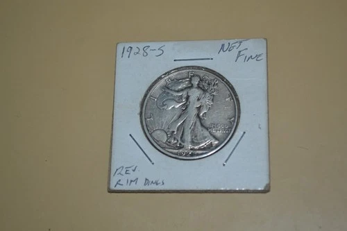 1928-S WALKING LIBERTY HALF DOLLAR FINE 90% SILVER REV RIM DINGS