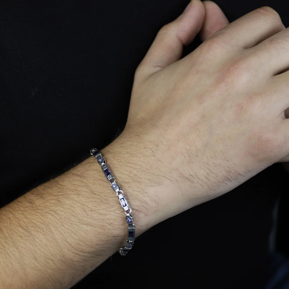 Brazalete de cadena de piedras preciosas bizantinas grabadas amatista plateadas para hombre Foto 4 de 4