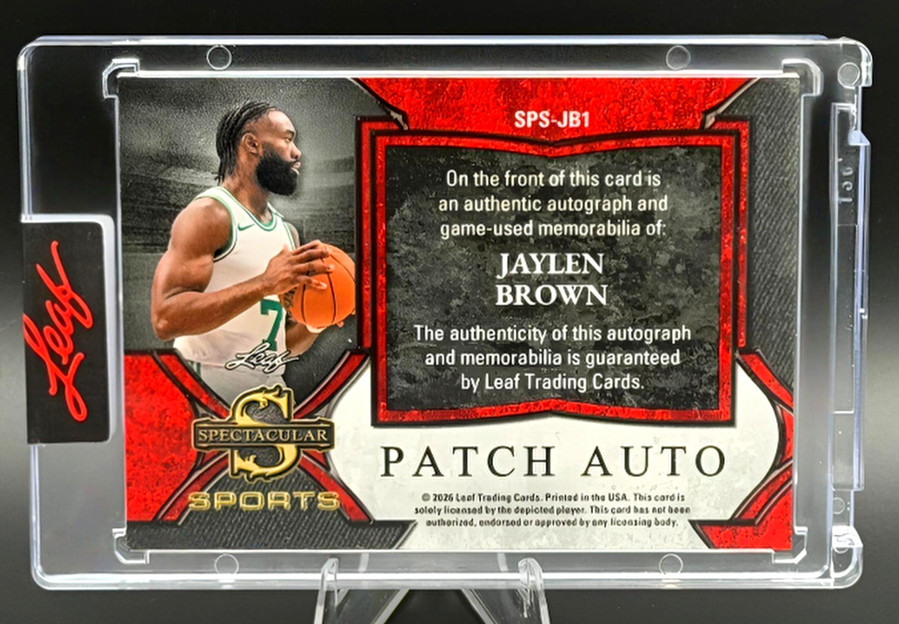 2026 Leaf Spectacular JAYLEN BROWN Spectacular Game Used PATCH AUTO 01/01 view 2