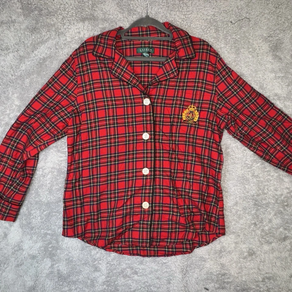 Conjunto de pijama de franela a cuadros Lauren Ralph Lauren Navidad rojo tartán talla L escudo RL Foto 2 de 4