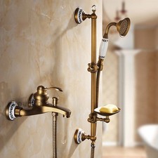 Antique Brass Bathroom Shower Faucet Set Tub Mixer Slide Bar Handheld Spray Art