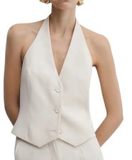 Mango Women’s Halter Vest Ivory Button Front Pockets Sz L  NWT
