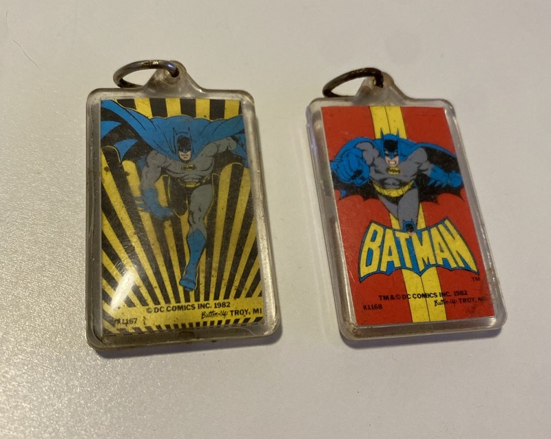 Vintage 1982 DC Comics Plastic Batman KeychainsButton Up Co. Plastic Art Ex Con.