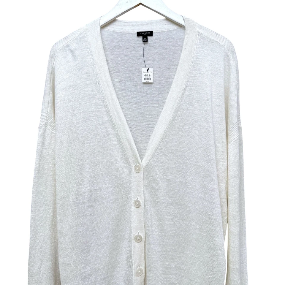 TALBOTS 白色开衫大码 2X 100% 亚麻针织女式毛衣新品 — 第 2/4 张图片