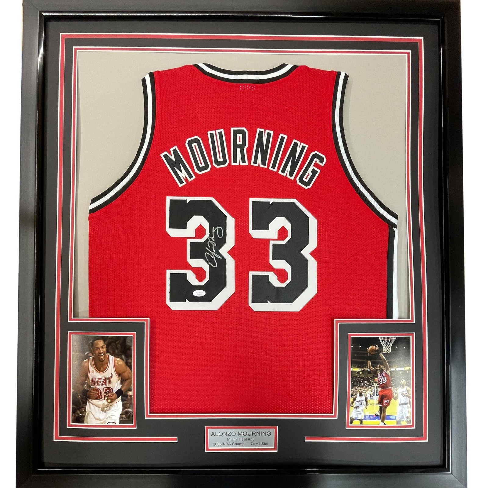 Framed Autographed/Signed Alonzo Mourning 35x39 Miami Red Jersey JSA COA