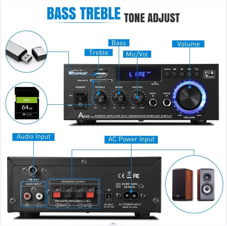 AK45 PRO Stereo Audio Amplifier, 425W Home 2 Channel Wireless Bluetooth ...