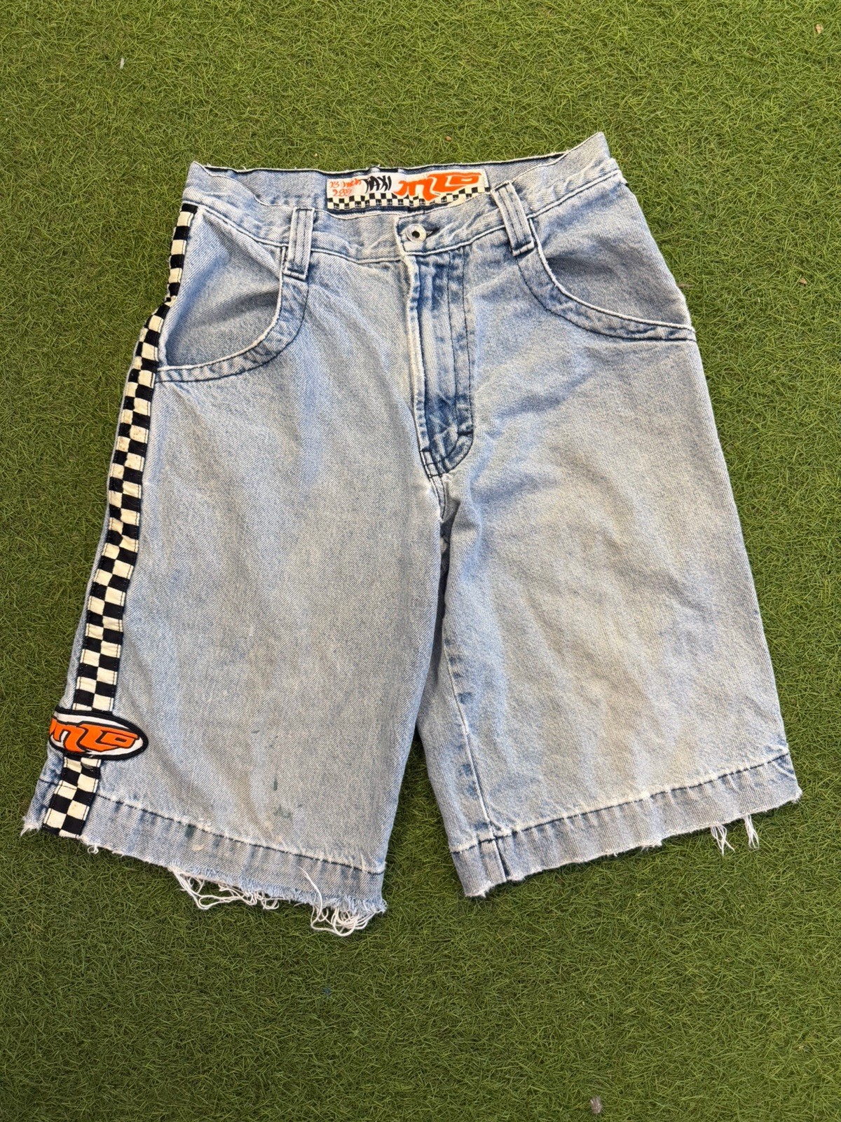 JNCO Taxi Light Wash Denim Jorts Checkered Distressed 90s Y2K Baggy 28”