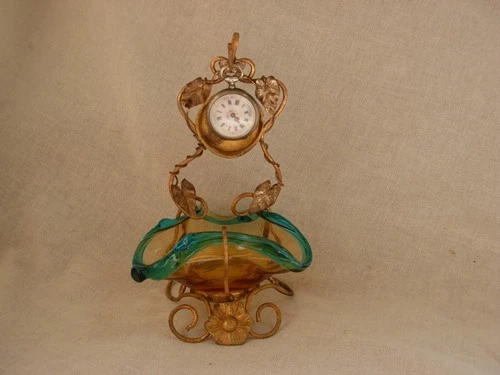 ANTIQUE FRENCH GILT BRASS,GLASS POCKET WATCH HOLDER,PIN TRAY,LATE 19th CENTURY