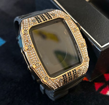 Bling Rhinestone Smartwatch Case Cover w/ Black Band, Gold Tone, 44mm Hualimei
