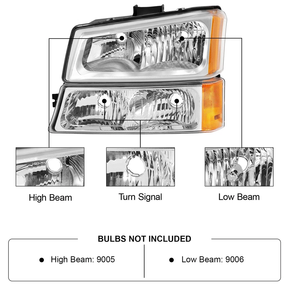 Headlights For 2003-2006 Chevy Silverado Avalanche Chrome +Signal Bumper Lamps - Image 4 of 4