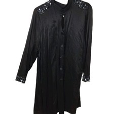 Vintage Womens Large Black Satin Sequin Dress Button Front Long Sleeve Evening