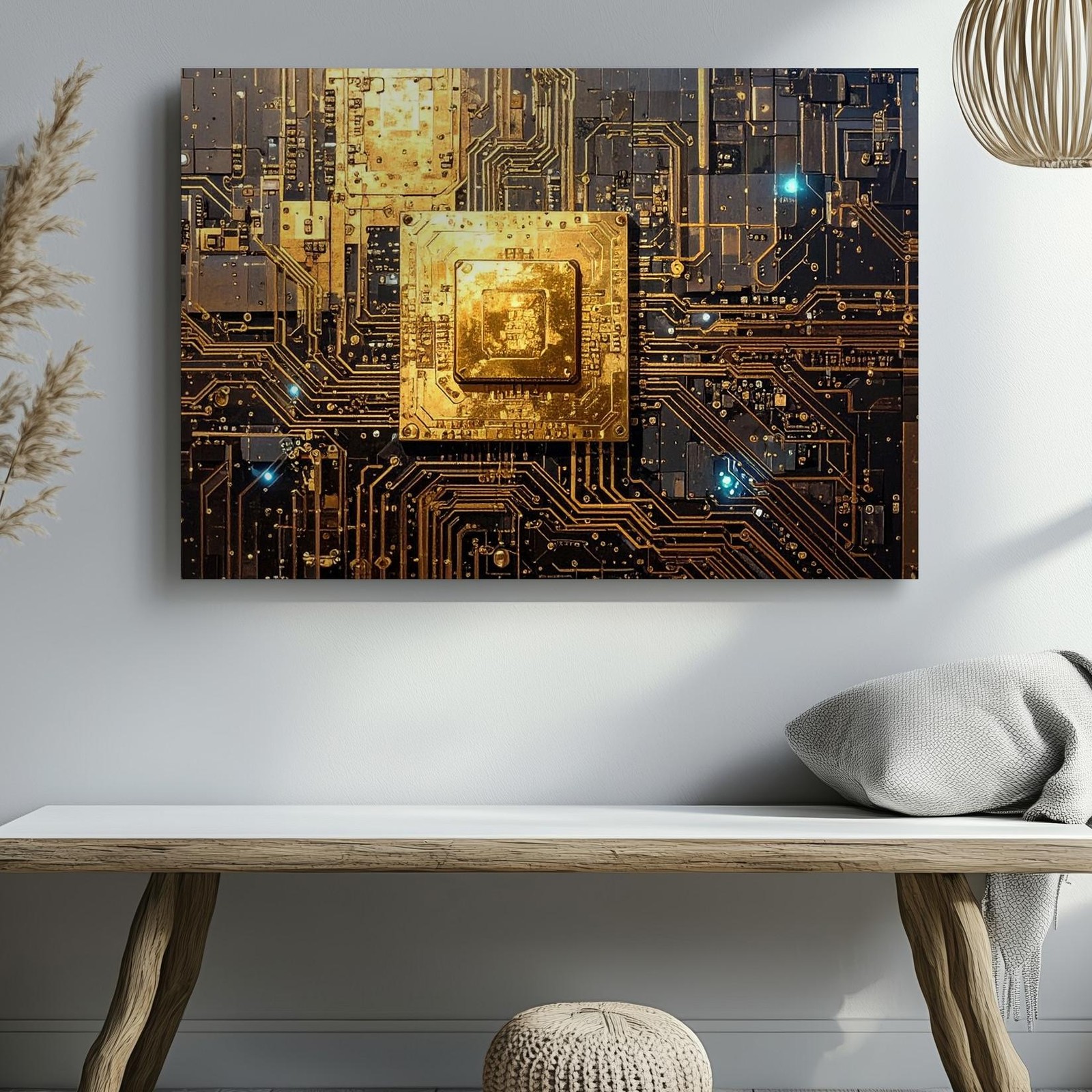 Futuristic Golden Microchip Canvashigh-Tech Circuit Board Art Wall Art