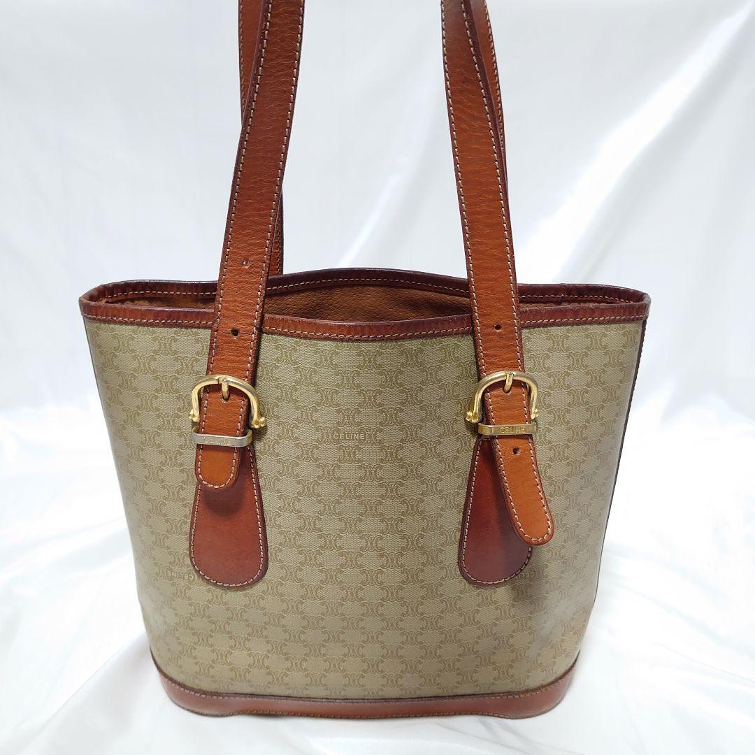 CELINE Vintage Macadam Pattern Tote Bag Beige Leather Authentic Excellent Condi — image 4