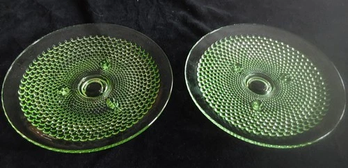 Pair 7 1/4" Diameter Green Footed Hobnail Depression Glass Dishes Plates