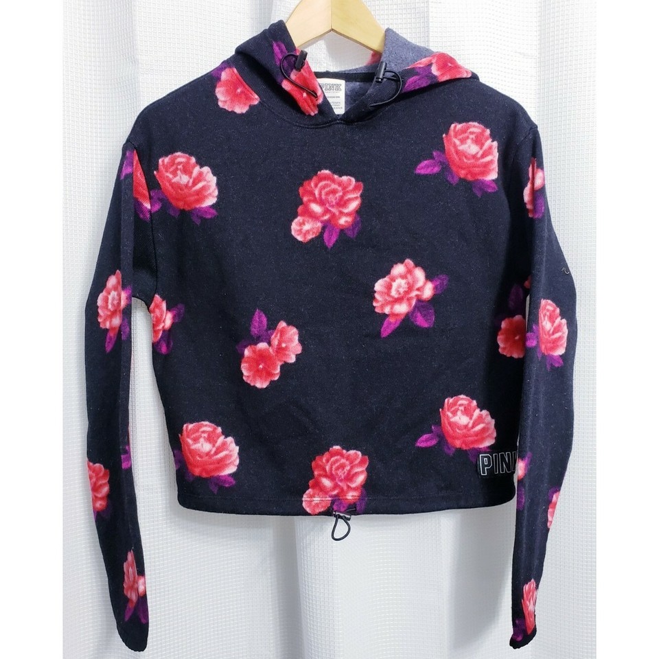 Red Roses Shorts PINK Victoria's Secret Women XS Floral Rose Polar Fleece Cropped Hoodie ...