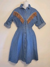 Vtg Western Denim Snap Front Shirt Dress Suede Trim Southwestern Hippie Sz Small