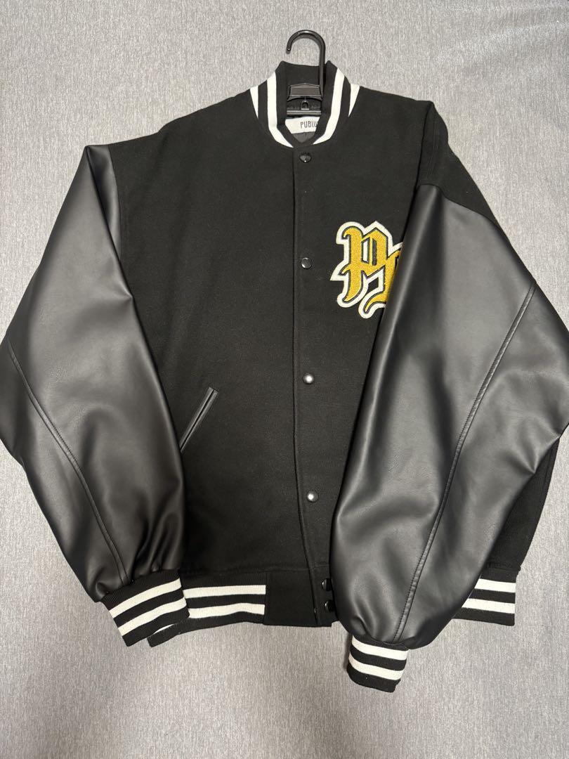 PUBLUX Unisex Black Faux Leather Varsity Jacket Lightweight Outerwear Size Small
