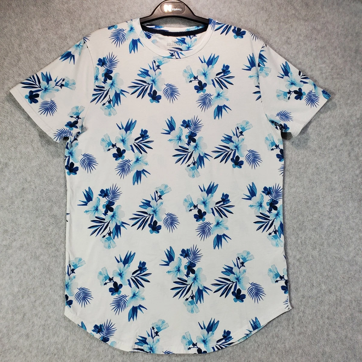 HOLLISTER Blue White Floral Shirt Adult Medium Short sleeve Curved Men Tee