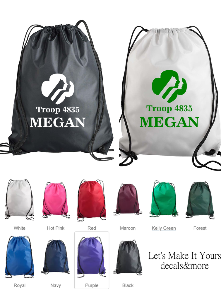 GIRL SCOUT LOGO PERSONALIZED W/ TROOP NUMBER & NAME DRAWSTRING NYLON BACKPACK