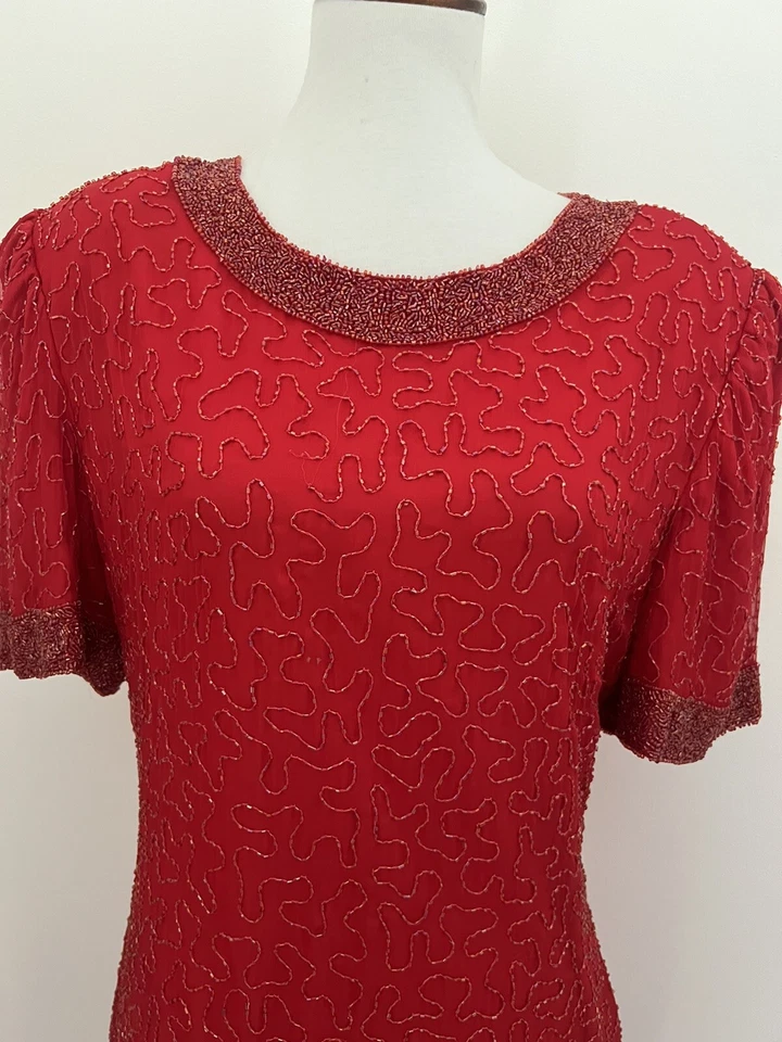 Laurence Kazar Vintage 80's Sz PM Silk Short Sleeve Dress Gatsby Red Beaded - Image 2 of 4