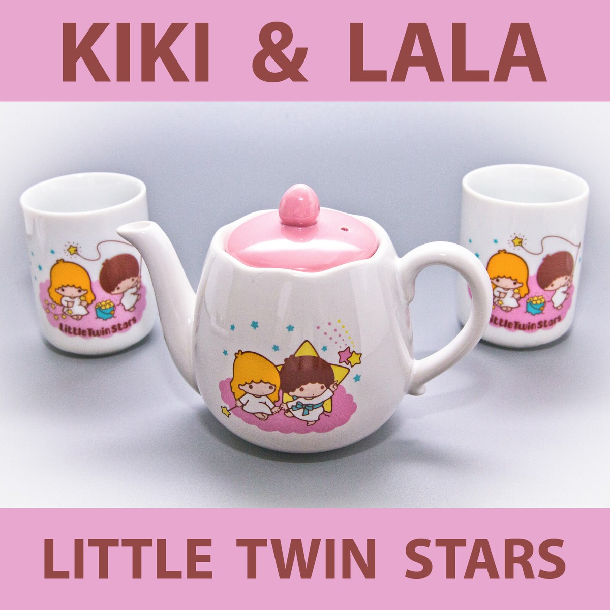 Vtg. 1976 Sanrio KIKI & LALA Little Twin Stars Teapot & x2 Teacups