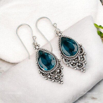 Throat Chakra Natural Apatite Hook Drop Handcrafted Earrings Jewelry 925 Silver