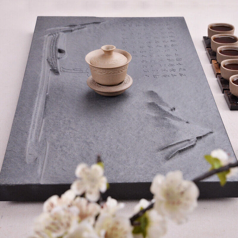 Boutique Black Stone Tea Tray Hand Embossed Mountain River Poem Carved Table New - Image 3 of 4