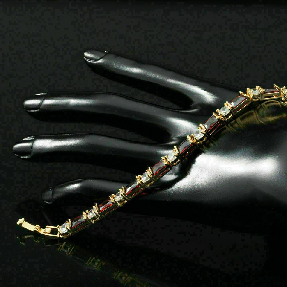 Brazalete tenis diamante creado en laboratorio granate rojo 13 quilates enchapado en oro amarillo sólido de 14 quilates Foto 3 de 4