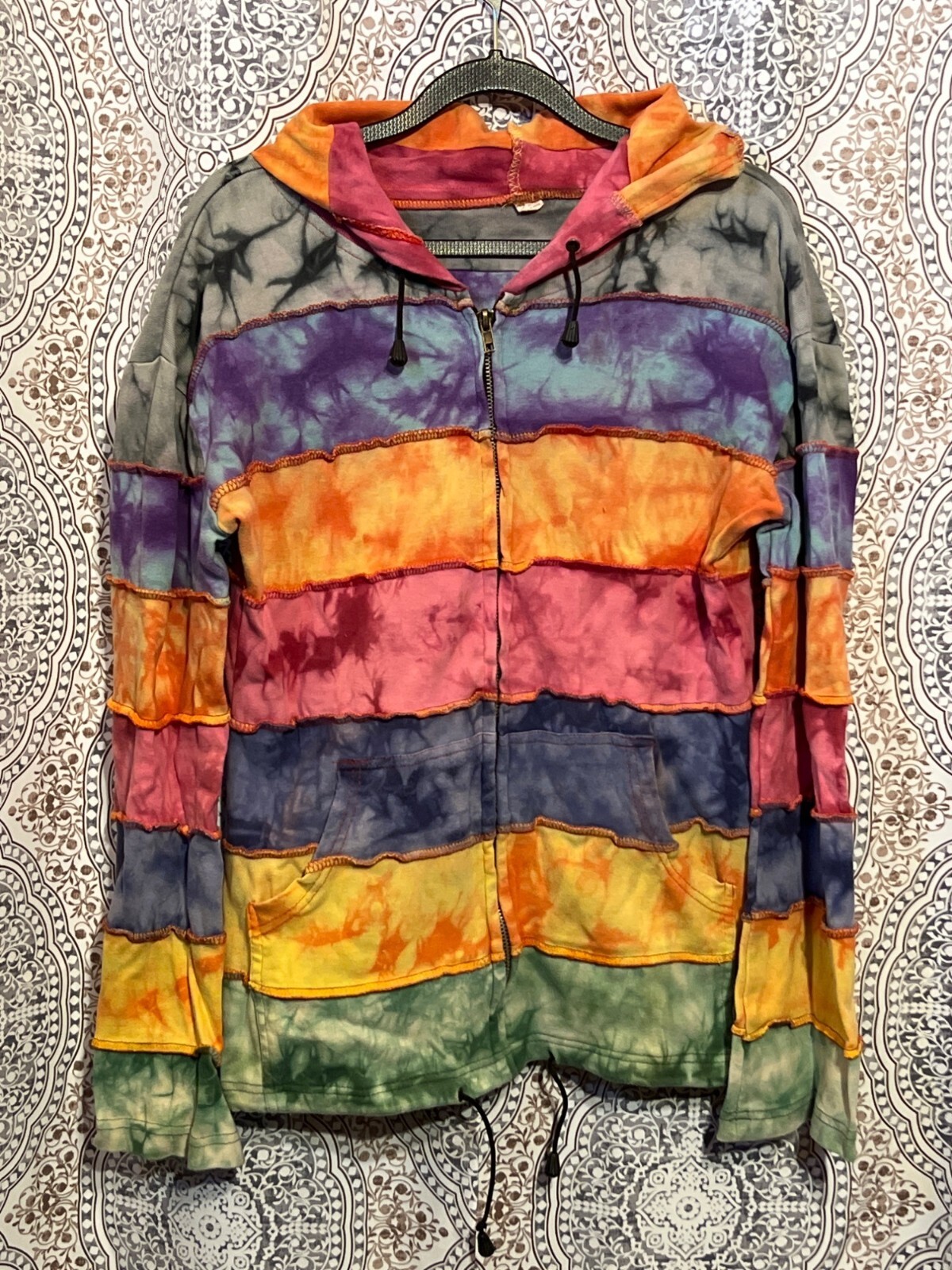 Handmade Tie-Dye Multicolor Patchwork Hooded Zip-… - image 1