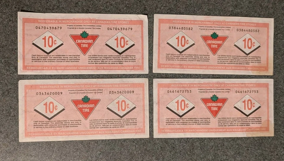 Lot Of 4 Canadian Tire Money 10 Cent Coupon Bills, Various Years - Image 2 of 2