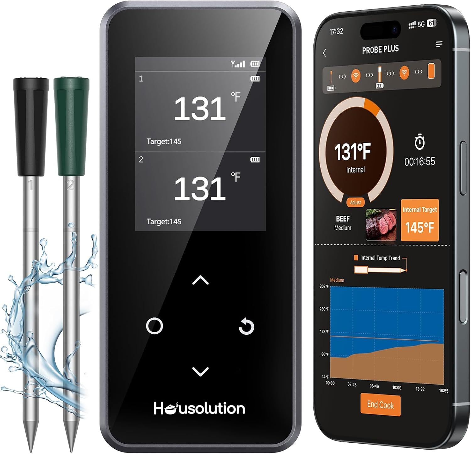 Wireless Bluetooth Meat Thermometer, Standalone Smart Base, 2 Ultra-Thin Prob...