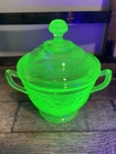 Vintage Uranium Glass Georgian Lovebirds Covered  Bowl Green Depression Glass