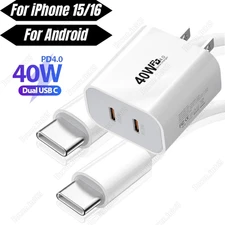 40W Dual USB-C Fast Charger Block PD Type-C Cable For iPhone 15 16 Pro Android