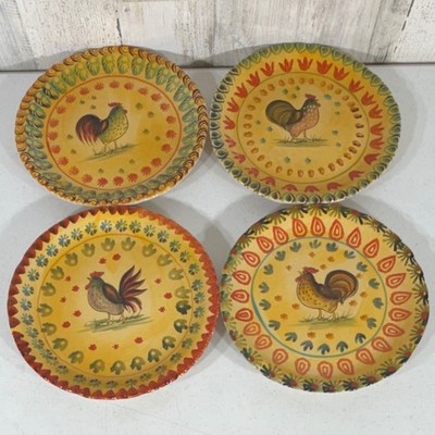 Horchow Salad Plates Yellow Italian Rooster Hand Painted Set of 4 Farm Tuscan