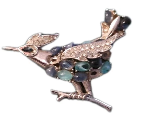 Broche (pin's) Oiseau Vintage TRIFARI - Ton Argent, émail Bleu Et Rouge, Strass