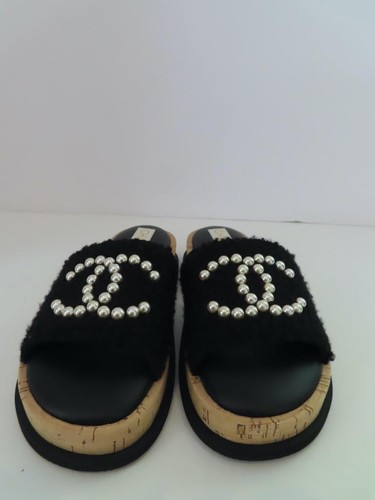 Nuevo sin caja Chanel Terry Negro/Perla Imitación Logo CC Diapositivas Talla 38/US 8 - Imagen 5 de 12