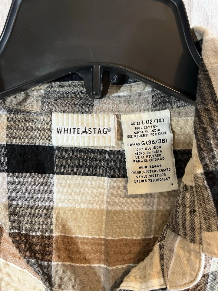 Blusa blanca ciervo para mujer grande (12/14) marrón a cuadros manga corta abotonada Foto 2 de 4