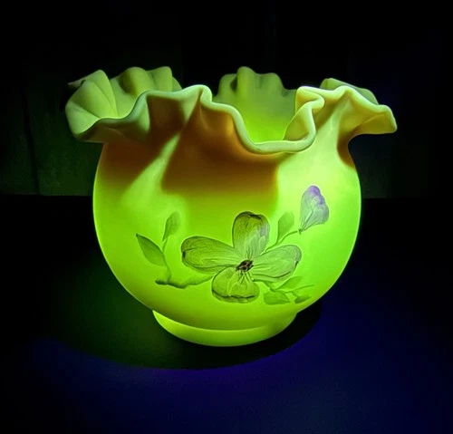 Fenton Uranium Glass Vase. Hand Painted dogwood Bloom and signed by artist.
