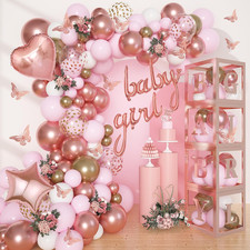 134Pcs Rose Gold Balloons Baby Shower Decorations for Girl Boxes, Butterfly Stic