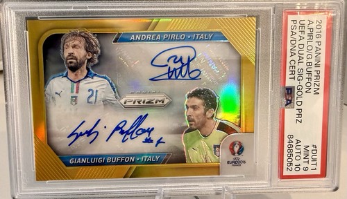 2016 Panini Prizm UEFA Euro Dual Signatures Gold Prizm #7/10 Pirlo Buffon PSA 9
