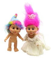 Vintage 1992 Applause Jointed Troll Dolls Lot of 2 Bride and Rainbow Wizard Hat