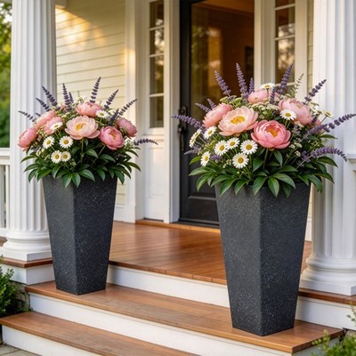 Pots 28 Tall Planters Set of 2 Weather Resistant Terrazzo Black Plant Autodaya