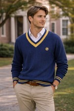 Vintage Jantzen Mens Sweater Blue Yellow V Neck Knit USA Made Size M