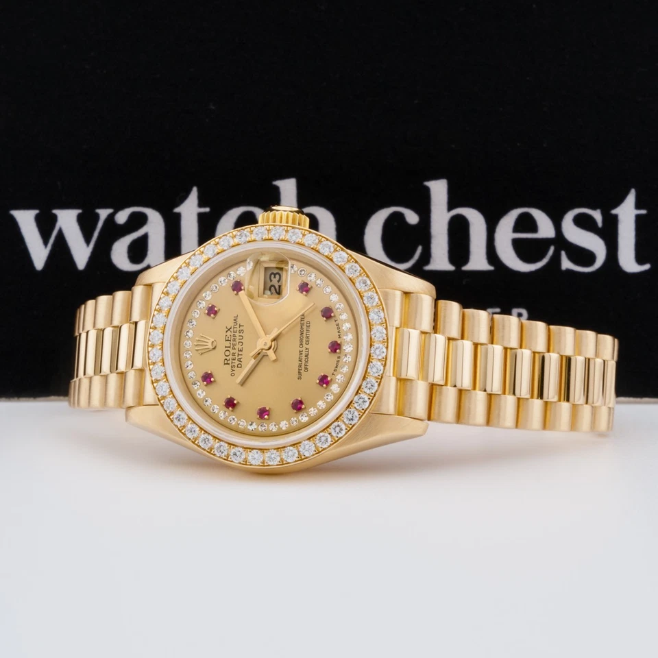 Rolex Lady-Datejust 26 69138, oro amarillo, cadena champán esfera diamante rubí... Foto 2 de 4